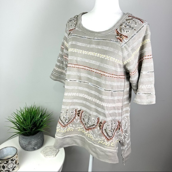 Soft Surroundings Size S Beaded Tunic Top Sweatshirt Pullover Gray Scoop - Picture 1 of 12